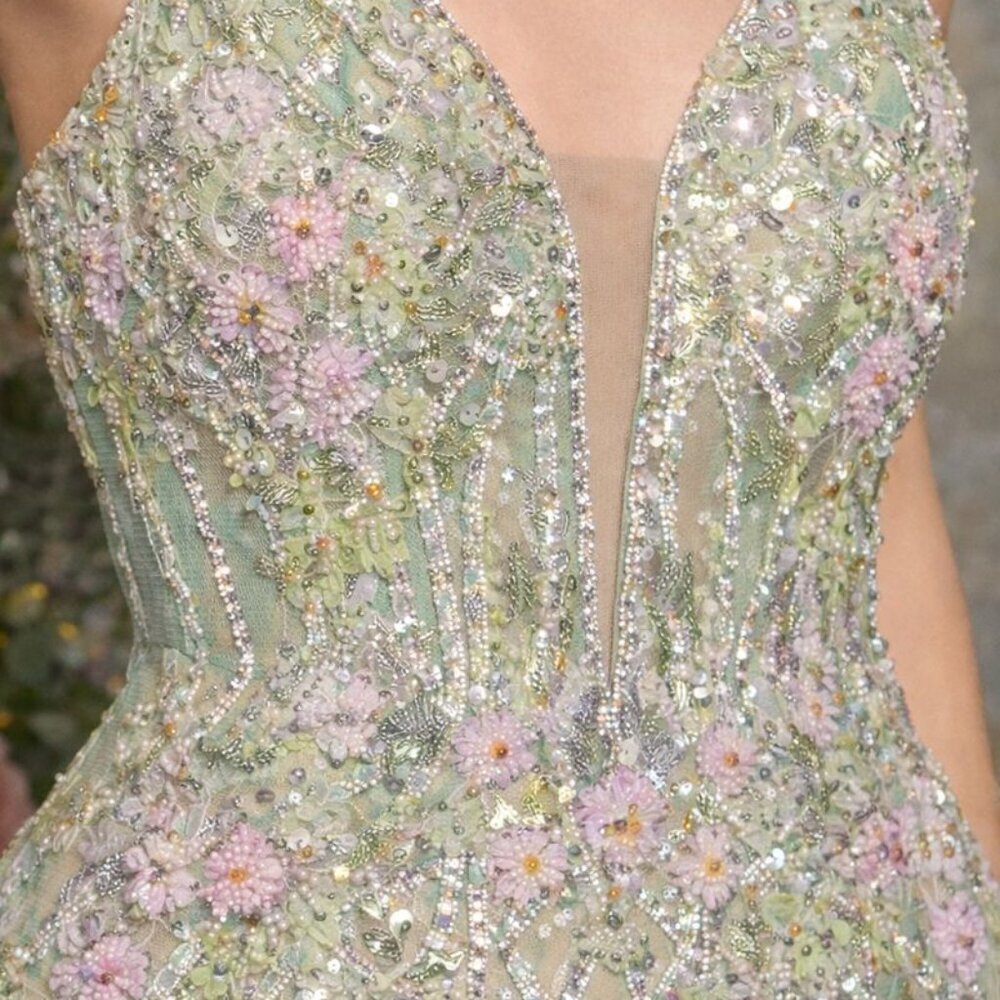 New Sage Floral Beaded Tulle Gown w/ Corset Bodice & Plunging Neckline CD A1500 - Picture 12 of 12